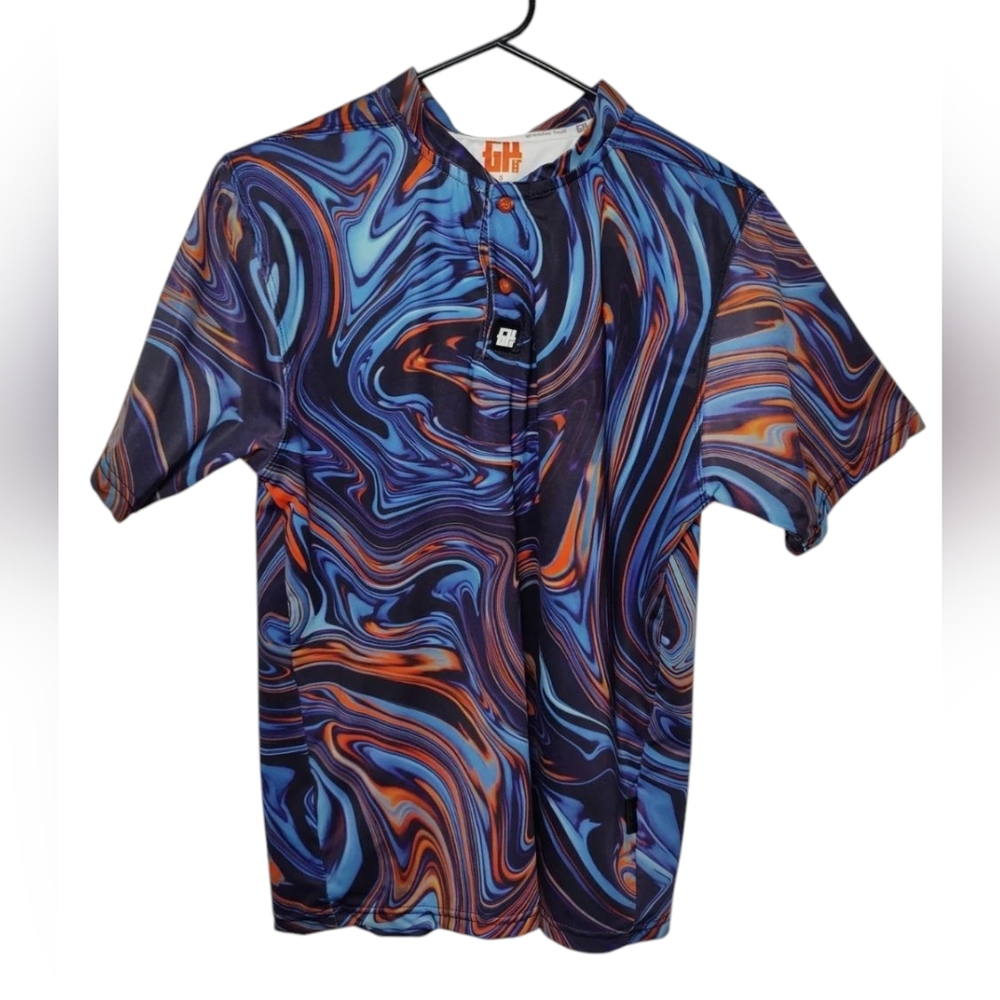 GH Greater Half Golf Top Oil Spill Blue Orange Short Sleeve Band Collar S